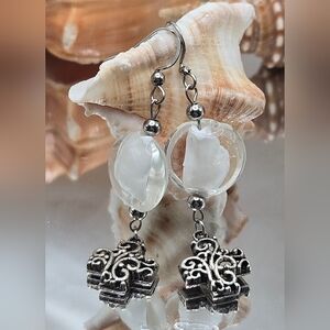 Elegant Handmade Murano Glass & Silver Cross and Whit Dangle Earrings